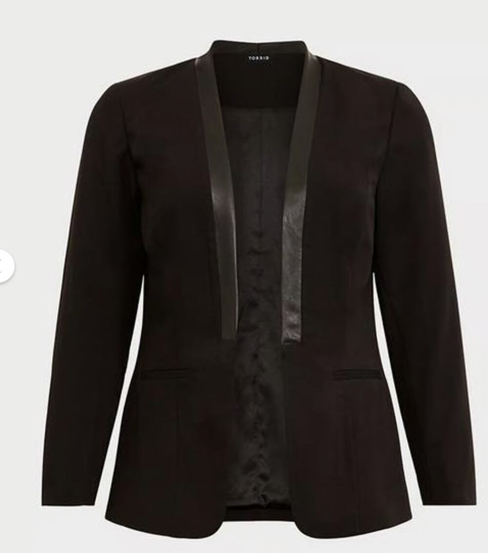 torrid Black Faux Leather Trim Open Front Blazer